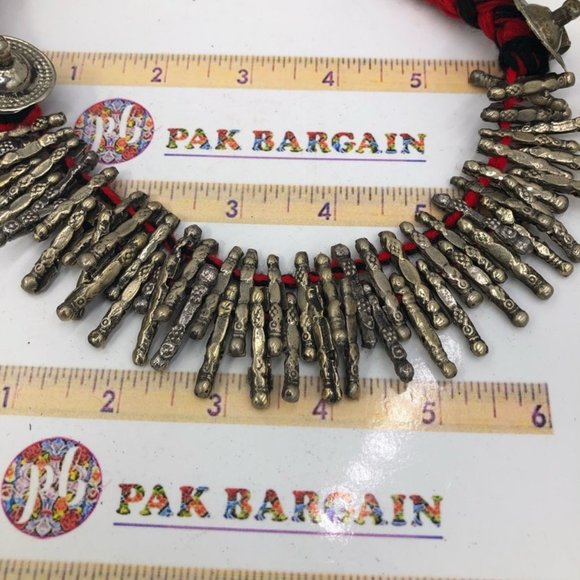 Red Handmade Metal Choker Necklace, Spikes Choker Antique Necklace, Kuchi Tribal - Picture 5 of 9